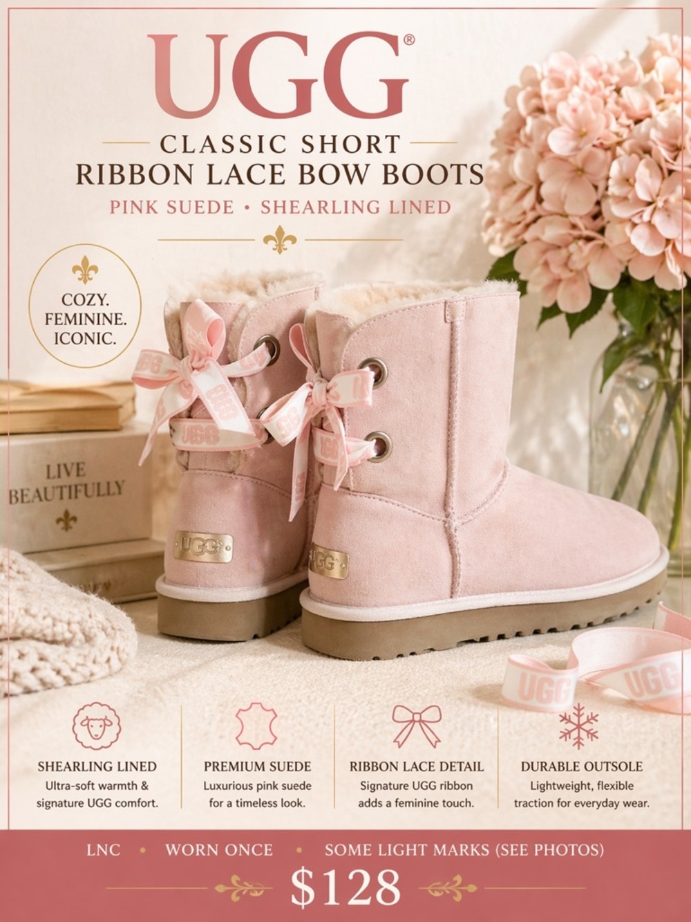 UGG Classic Short Ribbon Lace Bow Boots Pink Suede Shearling Lined Size 9